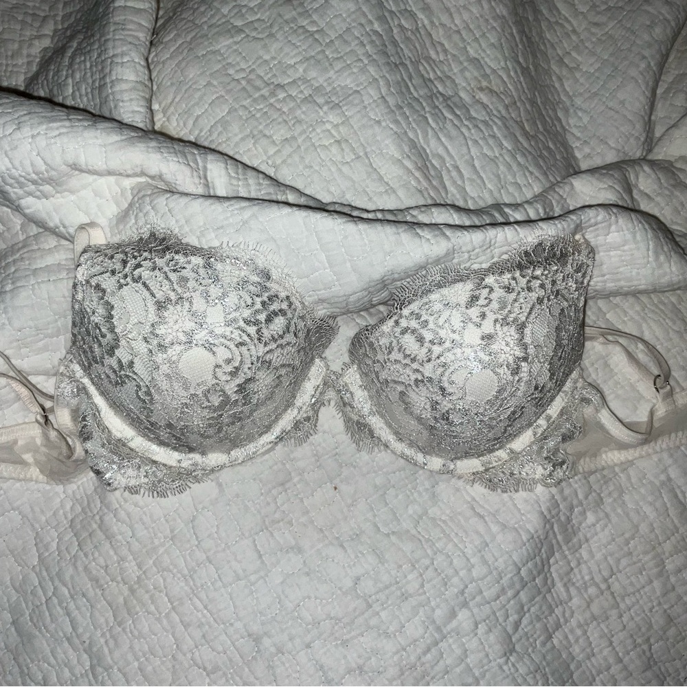 Victoria’s Secret white lace with silver accent bra.